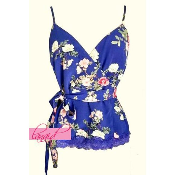 Lovers + Friends Joyce Top Feeling Blue Floral Wrap Lace Belted V-Neck Cami Tank - Picture 4 of 7